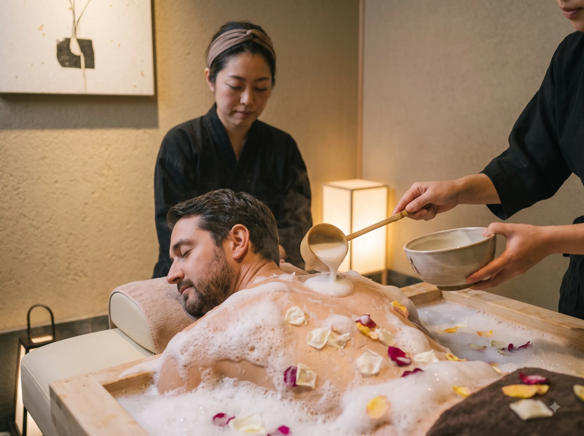 Therapists gives Bubble bath at JIN YU Spa